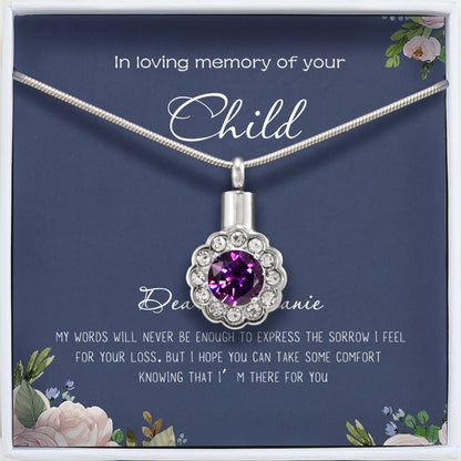 "In Loving Memory of Your Child" Card and  Purple Crystal Flower Memorial Necklace