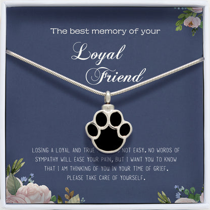 "The best memory of your Loyal Friend" Silver Dog Paw Ashes Holder Pet Memorial Necklace