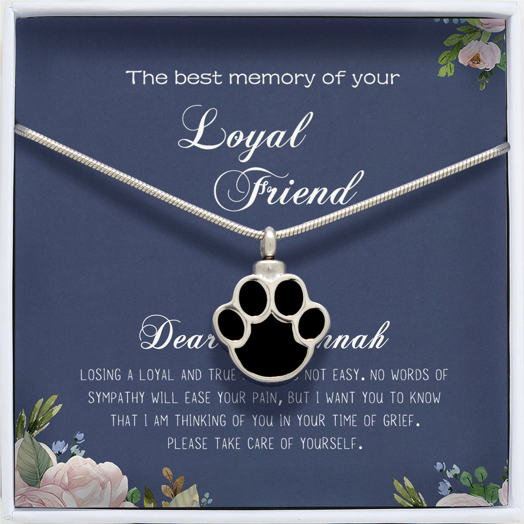"The best memory of your Loyal Friend" Silver Dog Paw Ashes Holder Pet Memorial Necklace