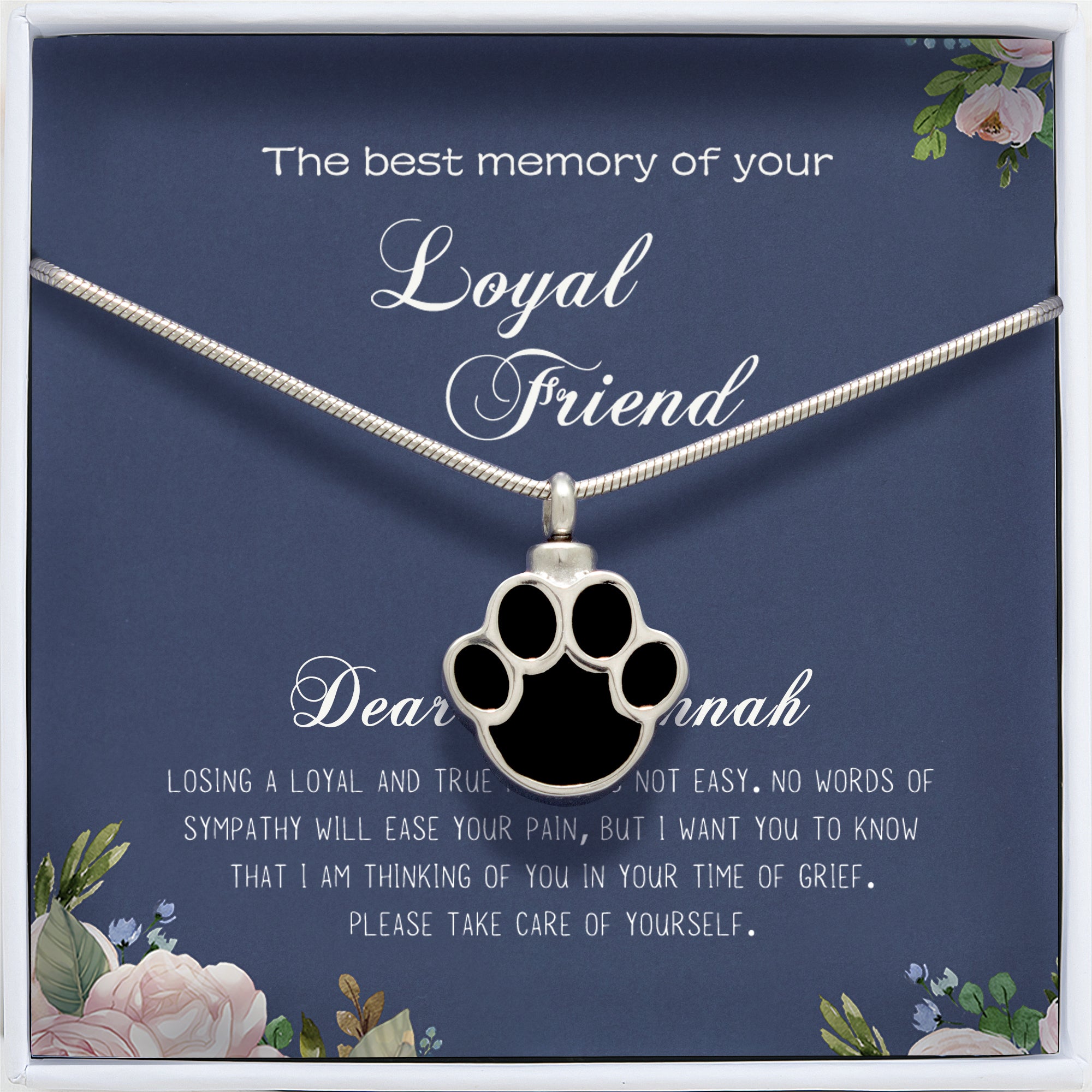 "The best memory of your Loyal Friend" Silver Dog Paw Ashes Holder Pet Memorial Necklace