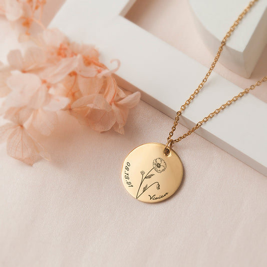 Personalized Birth Flower Necklace,Delicate Birthday Month Gift Name Date Necklace