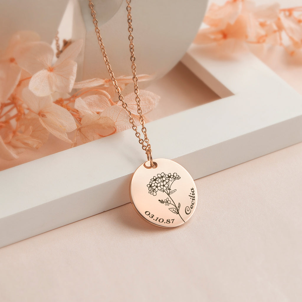 Birth Flower Name and Date Necklace