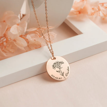 Personalized Birth Flower Necklace,Delicate Birthday Month Gift Name Date Necklace