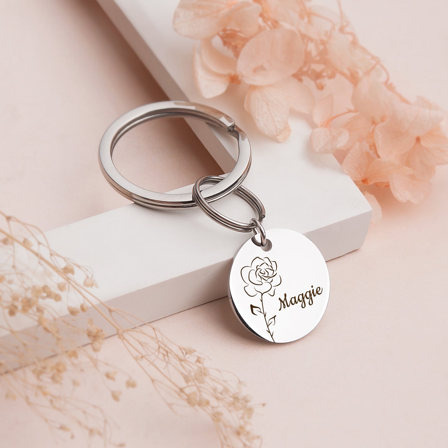 Custom Birth Flower and Name Key Chain