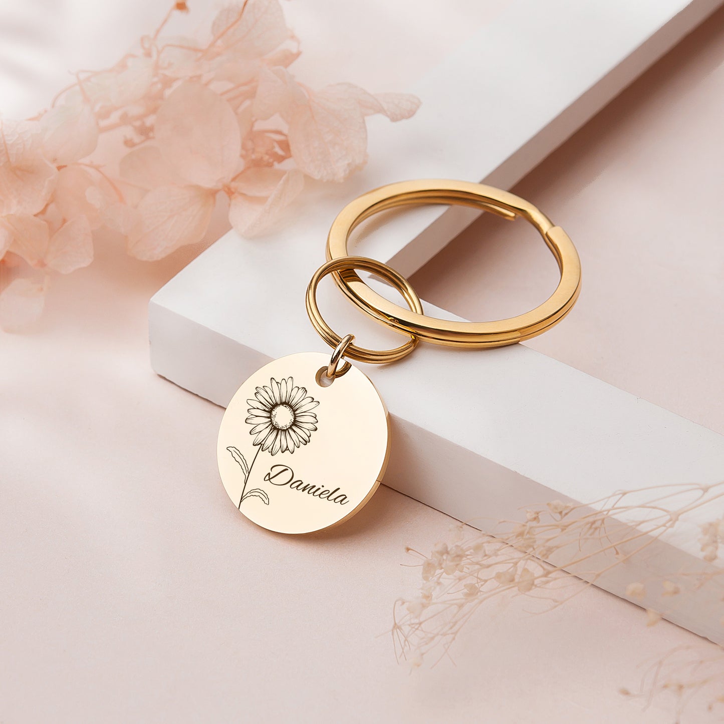 Custom Birth Flower and Name Key Chain