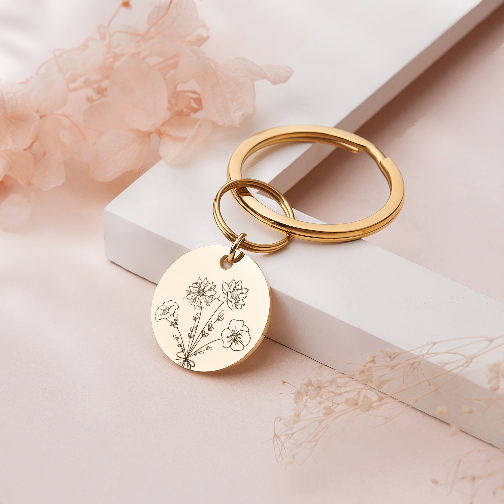 Floral Keychain Photo Locket in Gold, Silver, or Rose Gold