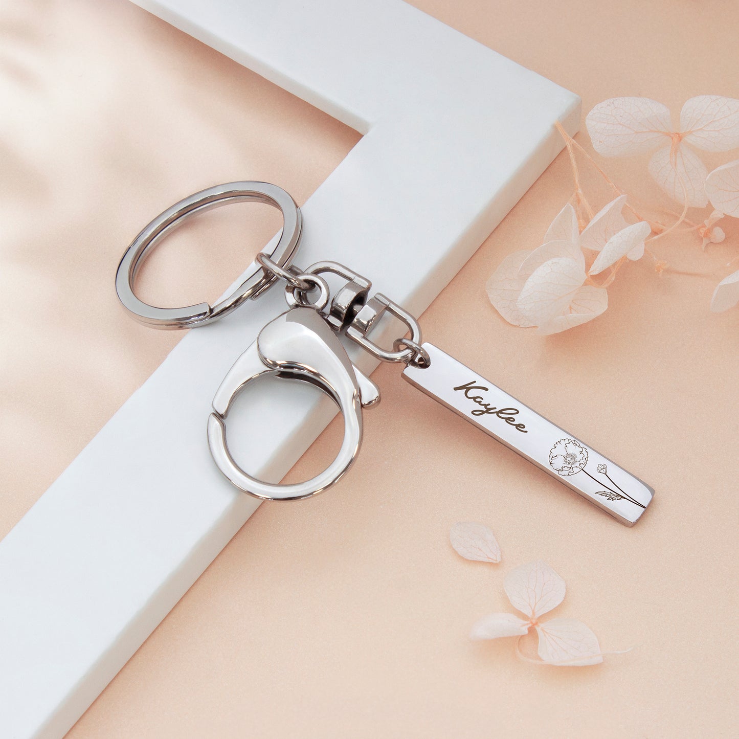 Custom Birth Flower and Name Long Bar Key Chain