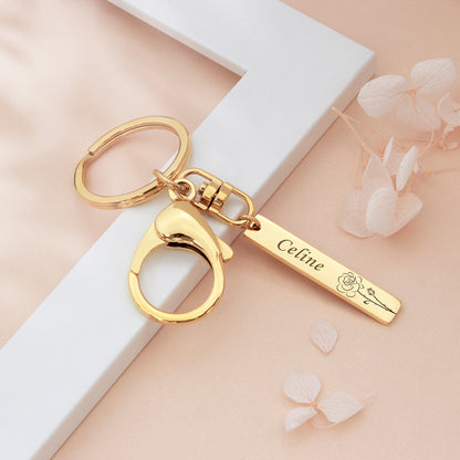 Custom Birth Flower and Name Long Bar Key Chain