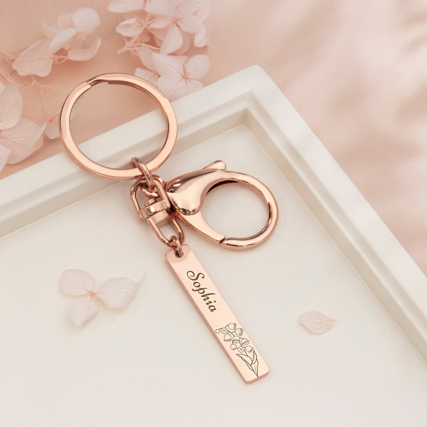 Custom Birth Flower and Name Long Bar Key Chain