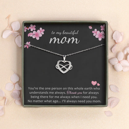 "To my beautiful Mom" Infinity Heart Necklace, 925 Sterling Silver Mother's Day Jewelry and Card