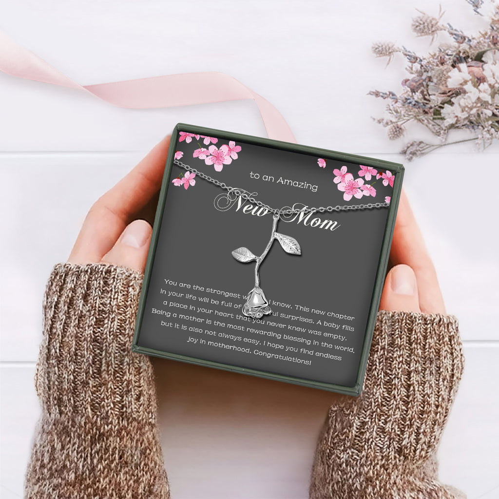 "To An Amazing New Mom" Card and Rose Necklace