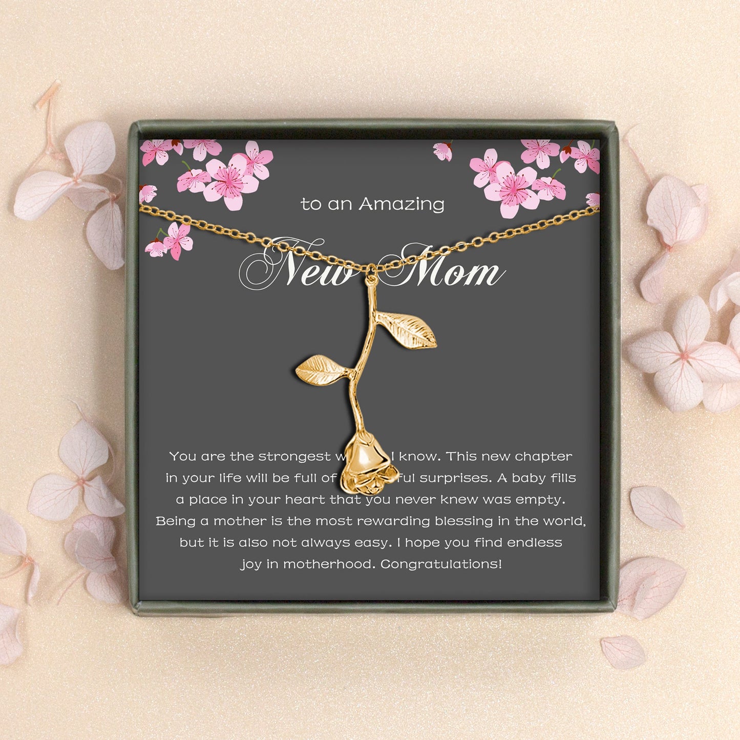 "To an Amazing New Mom" Mother's Day Card and Rose Necklace Gift Set