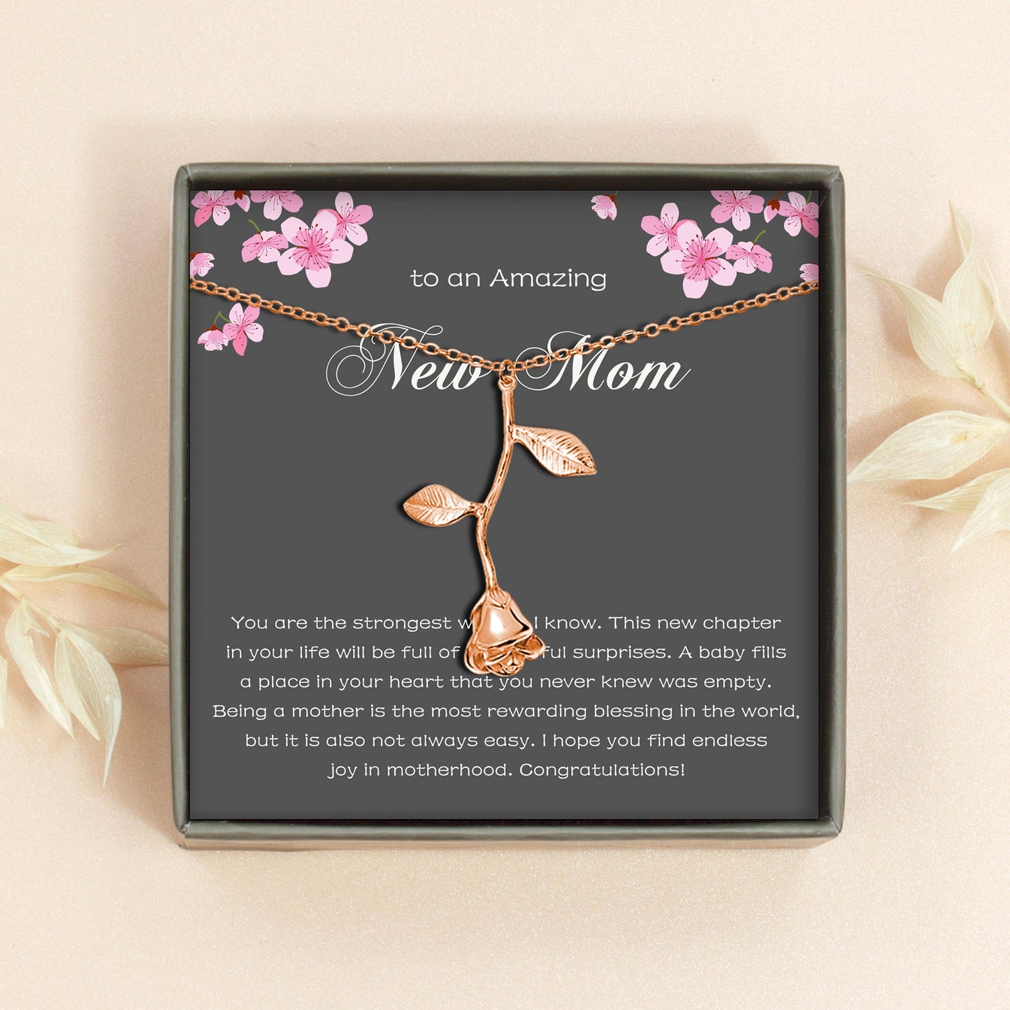 "To an Amazing New Mom" Mother's Day Card and Rose Necklace Gift Set