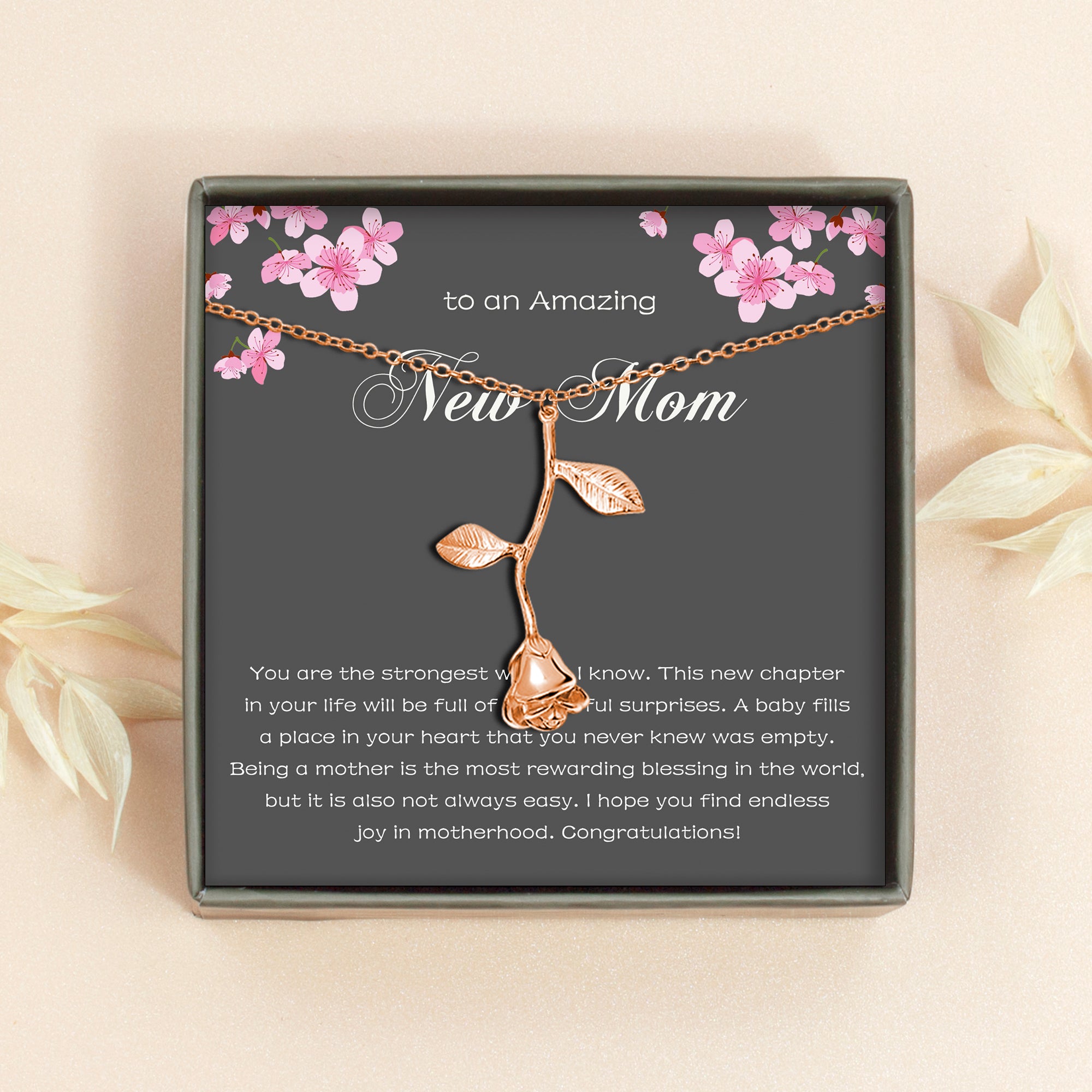 "To An Amazing New Mom" Card and Rose Necklace
