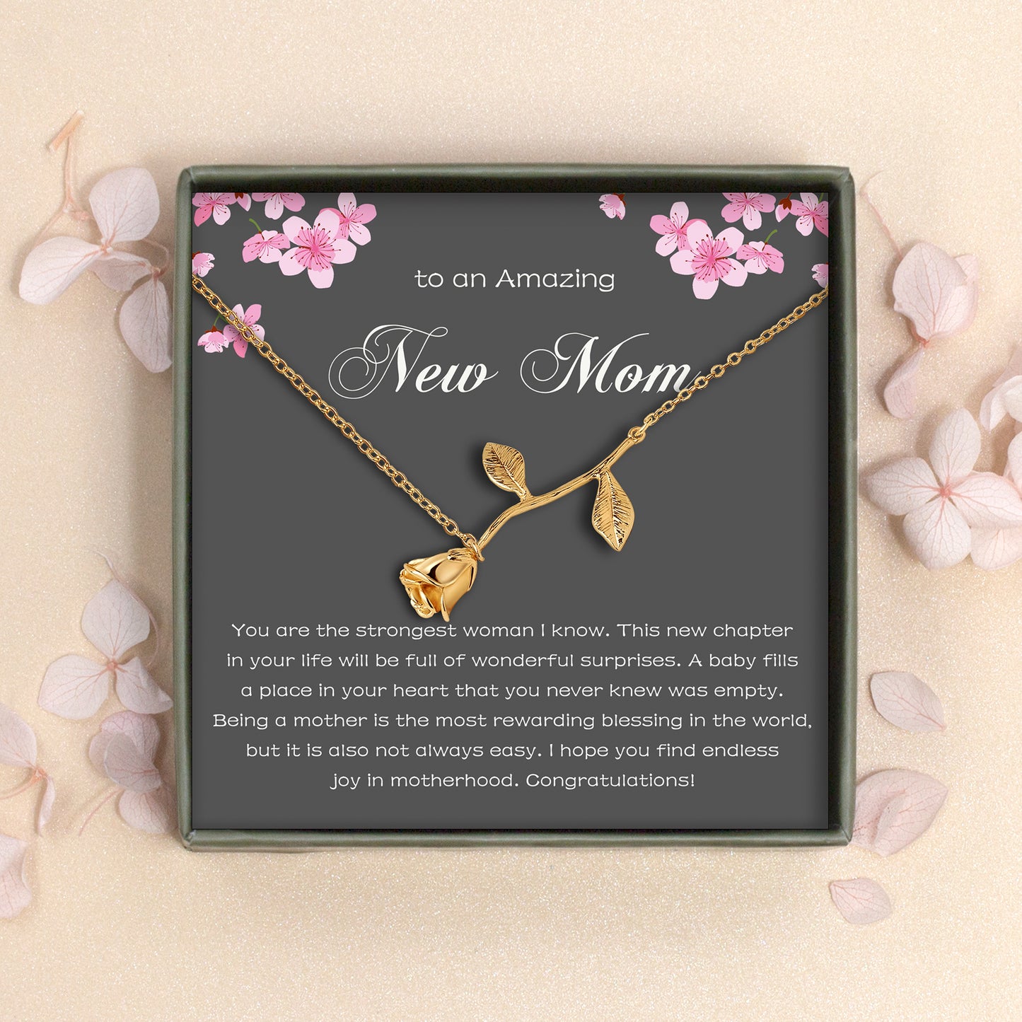 "To An Amazing New Mom" Rose Bracelet, Gift for New Mothers, Card and Necklace Gift Set