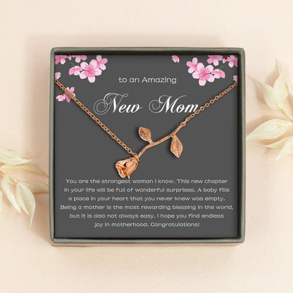 "To An Amazing New Mom" Rose Bracelet, Gift for New Mothers, Card and Necklace Gift Set