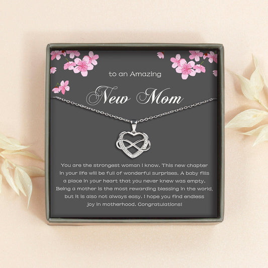 "To an Amazing New Mom" Card and 925 Sterling Silver Infinity Heart Necklace