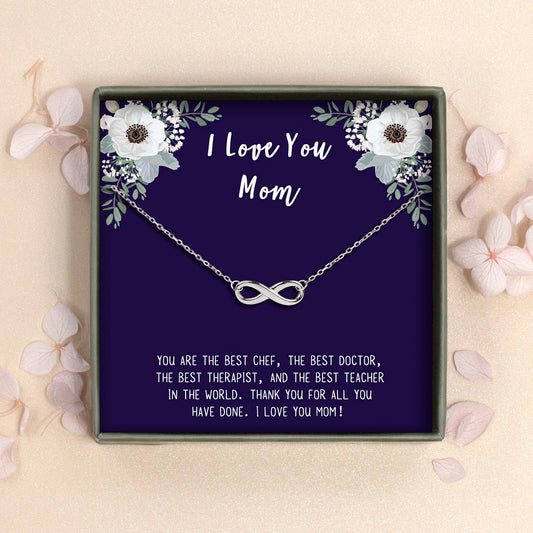 "I Love You Mom" Card and Sterling Silver Infinity Pendant Necklace