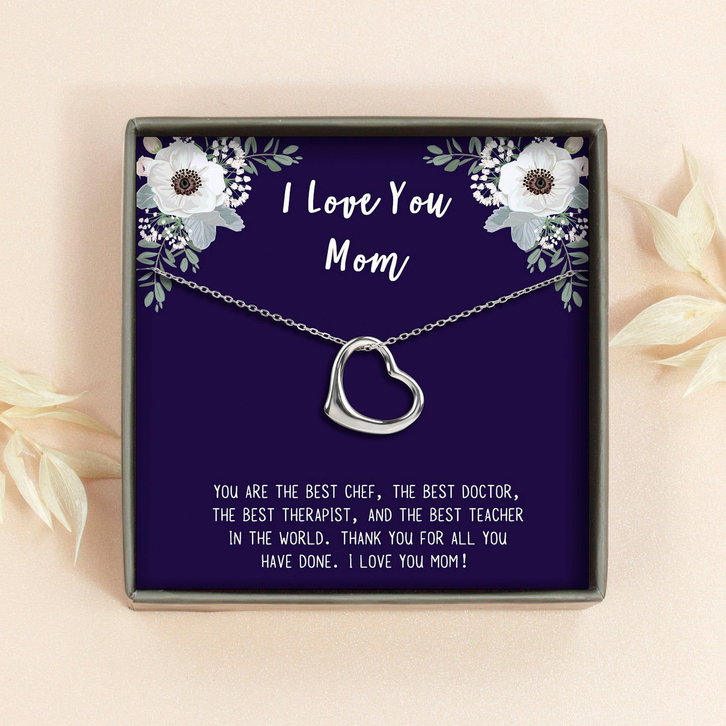 "I Love You Mom" Card and Dangling Heart Necklace