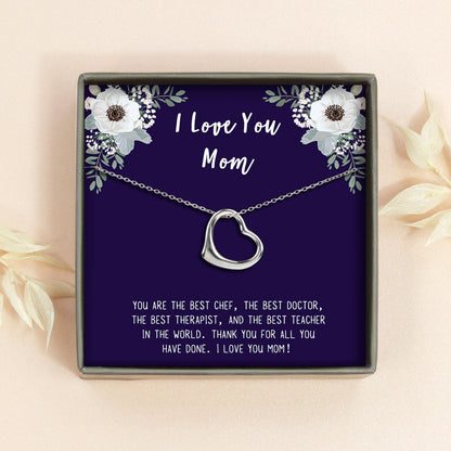 "I Love You Mom" Card and Dangling Heart Necklace