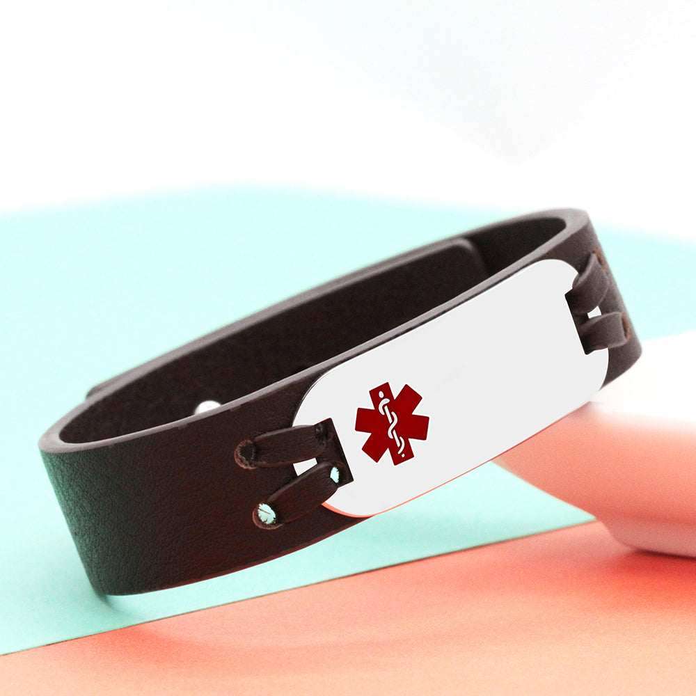 Medical Alert ID Leather Bracelet