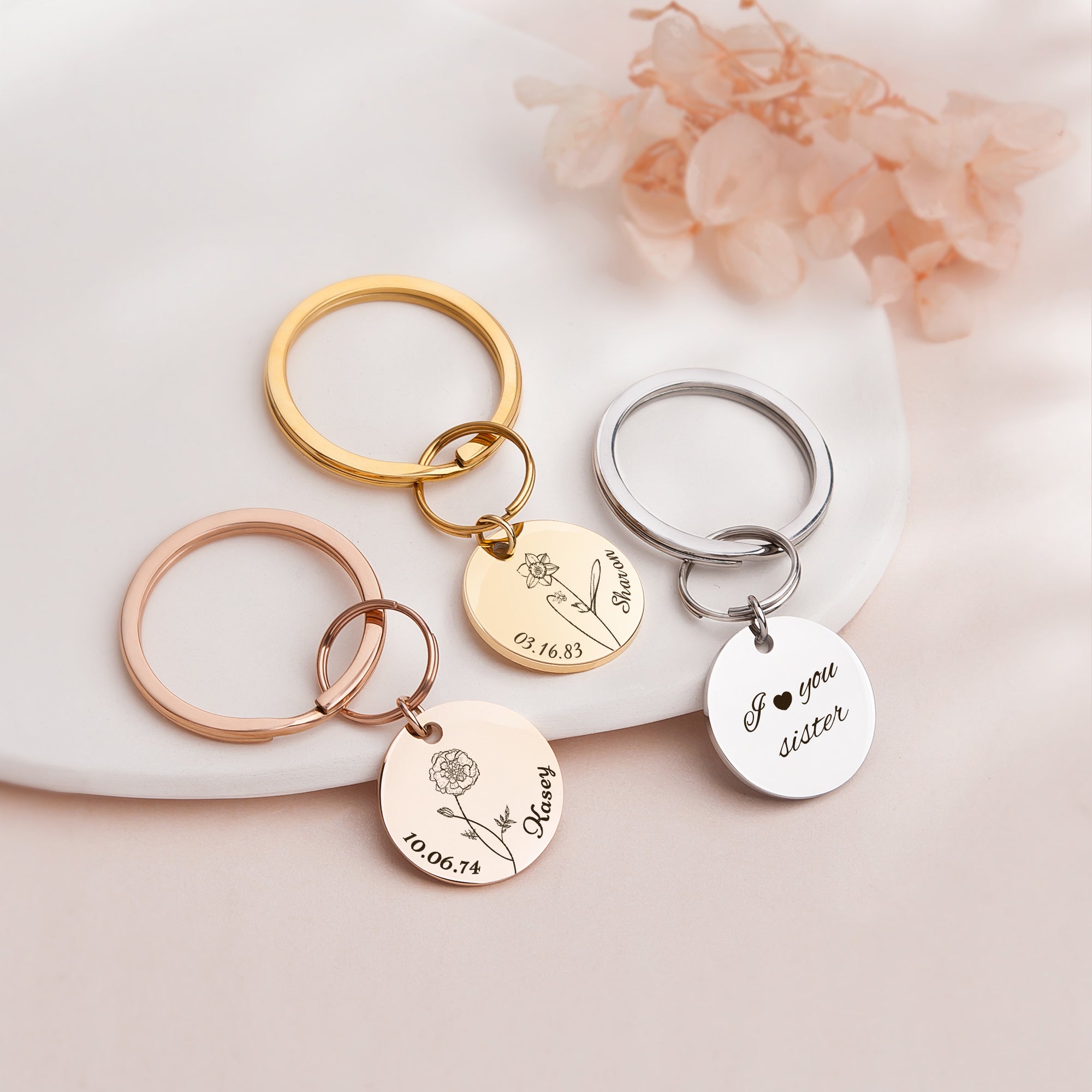 Custom Name and Birth Flower Key Chain, Engraved Birth Date, Flower Key Ring