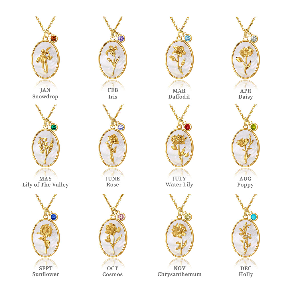 Mother of Pearl Birth Flower Necklace with Birthstone Charm