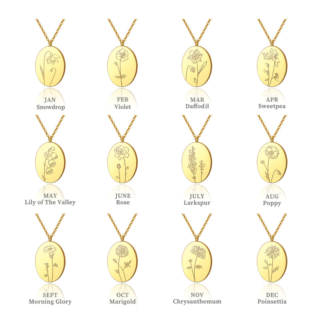 18K Gold Plated Oval Birth Flower Necklace
