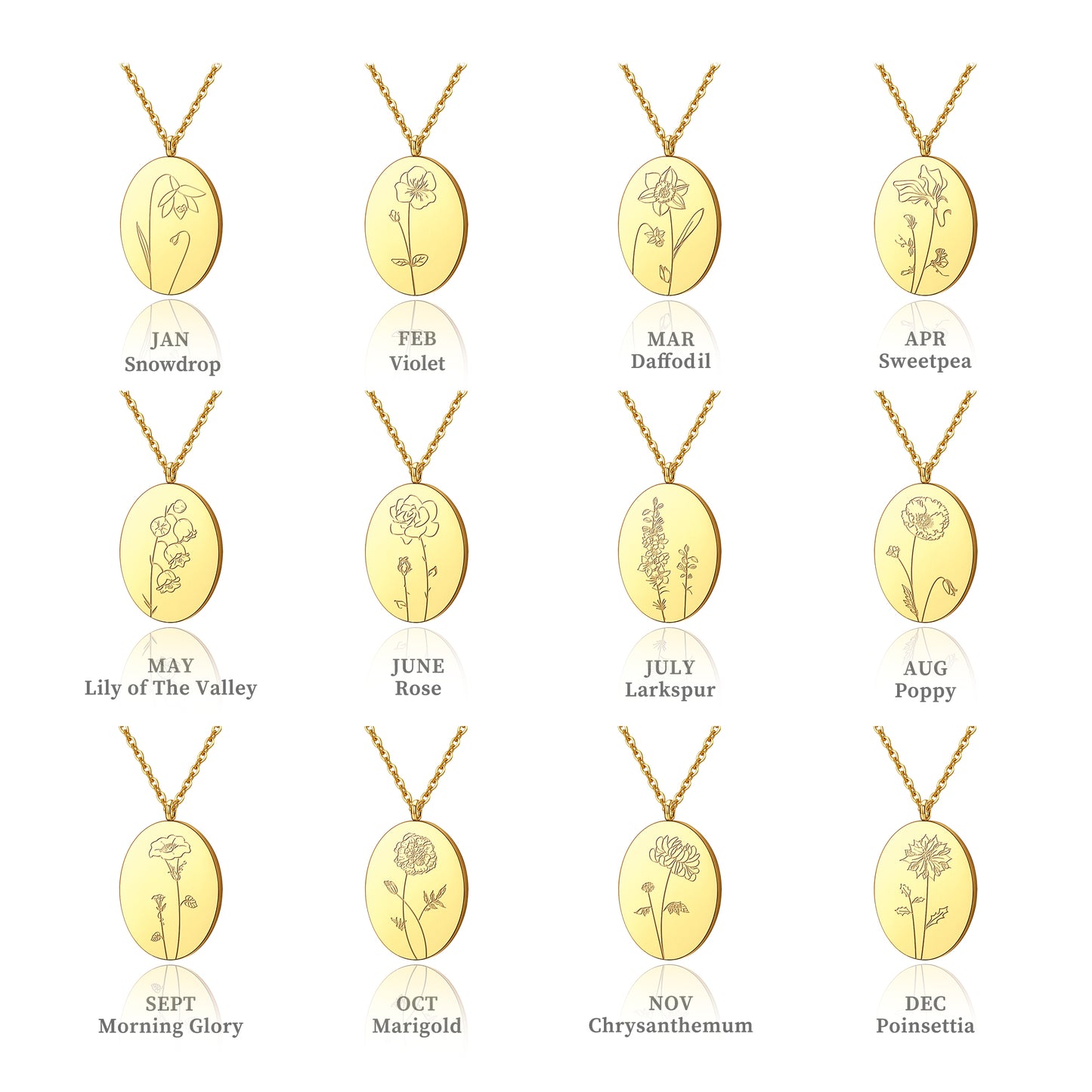 Women's 18K Gold Plated Oval Birth Flower Necklace