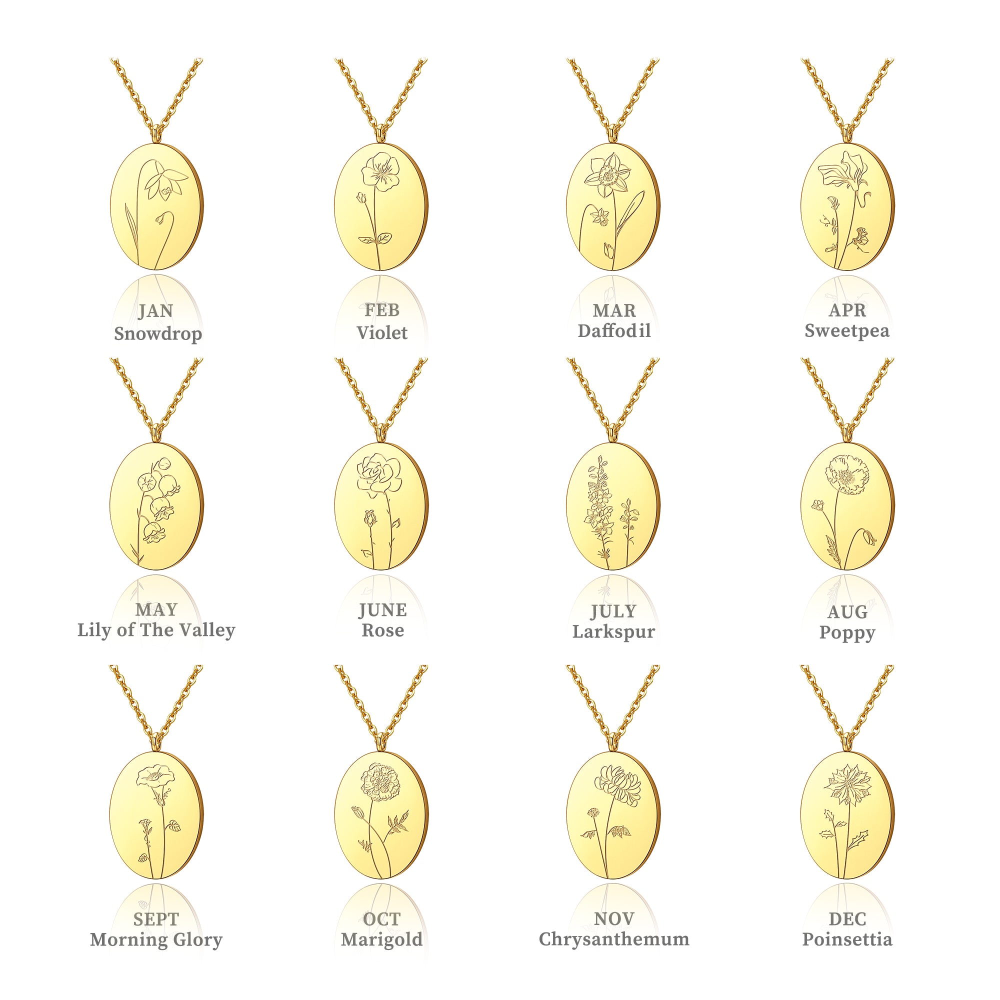 18K Gold Plated Oval Birth Flower Necklace