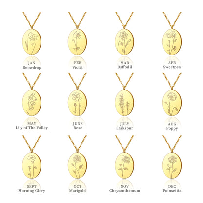 Women's 18K Gold Plated Oval Birth Flower Necklace