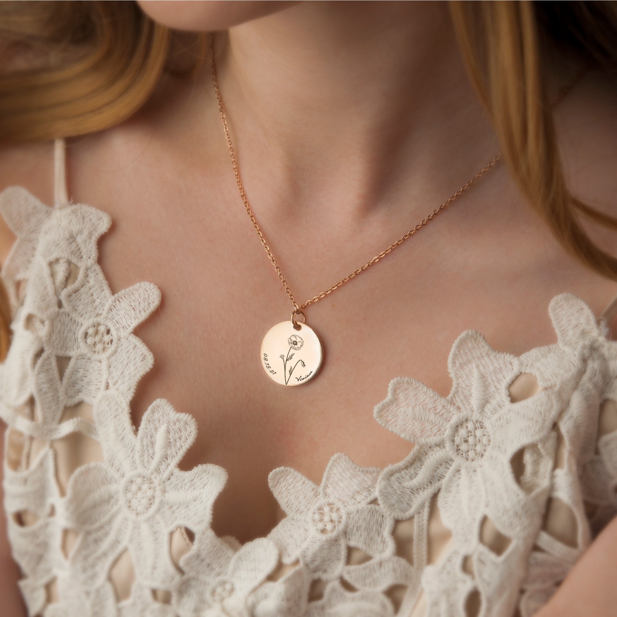 Birth Flower Name and Date Necklace