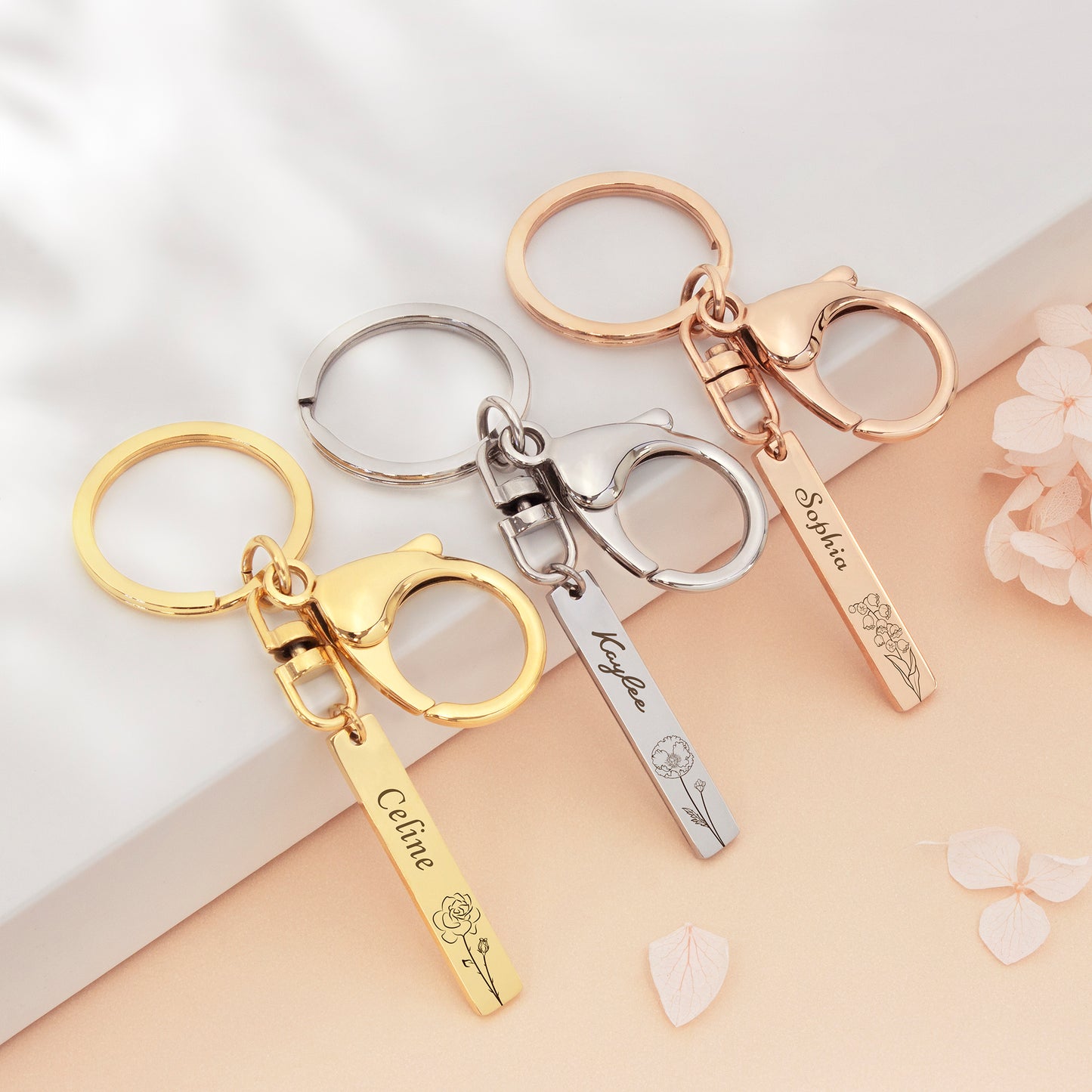 Custom Birth Flower and Name Long Bar Key Chain