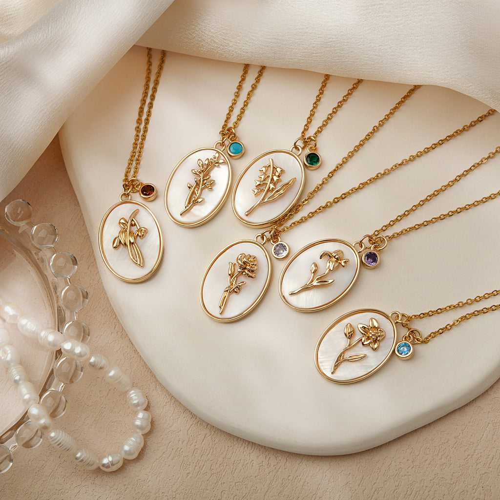 Mother of Pearl Birth Flower Necklace with Birthstone Charm