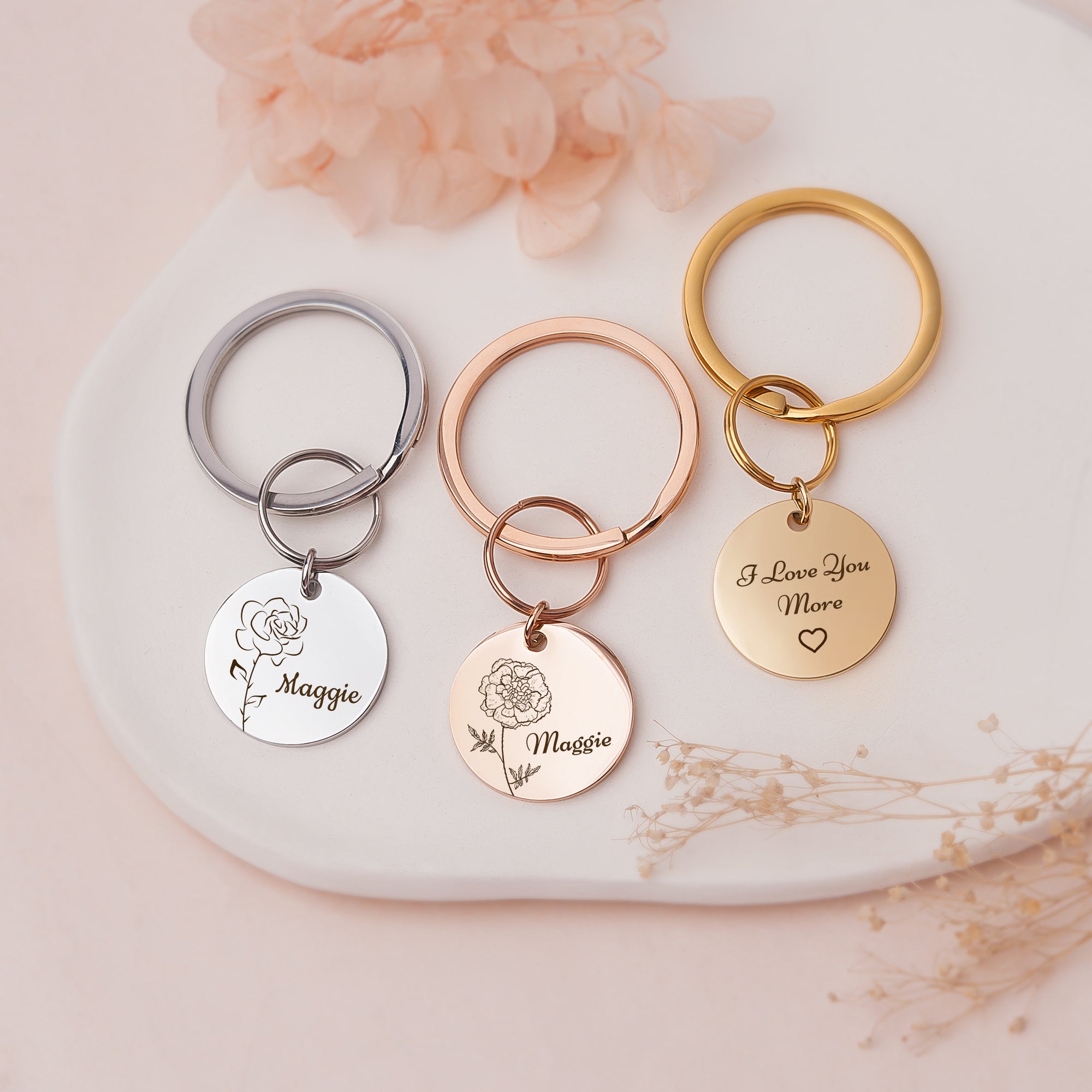 Custom Birth Flower and Name Key Chain