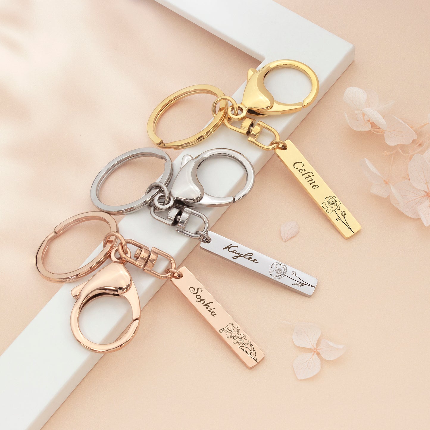 Custom Birth Flower and Name Long Bar Key Chain