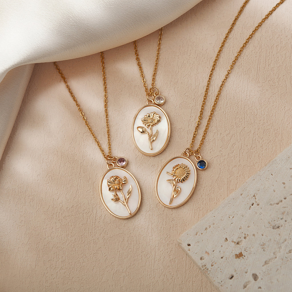Mother of Pearl Birth Flower Necklace with Birthstone Charm