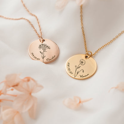 Personalized Birth Flower Necklace,Delicate Birthday Month Gift Name Date Necklace