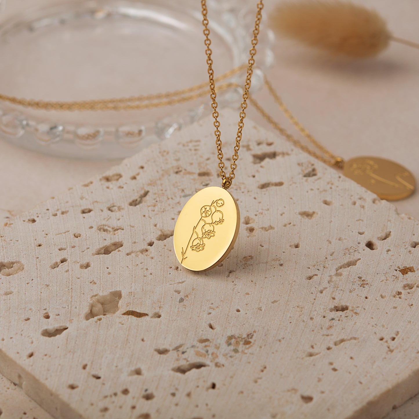 Women's 18K Gold Plated Oval Birth Flower Necklace