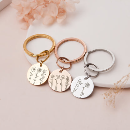 Personalized Birth Flower Keychain, Personalized Jewelry Gift for Her, Natural Flower Keychain, Dainty Mom Keychain