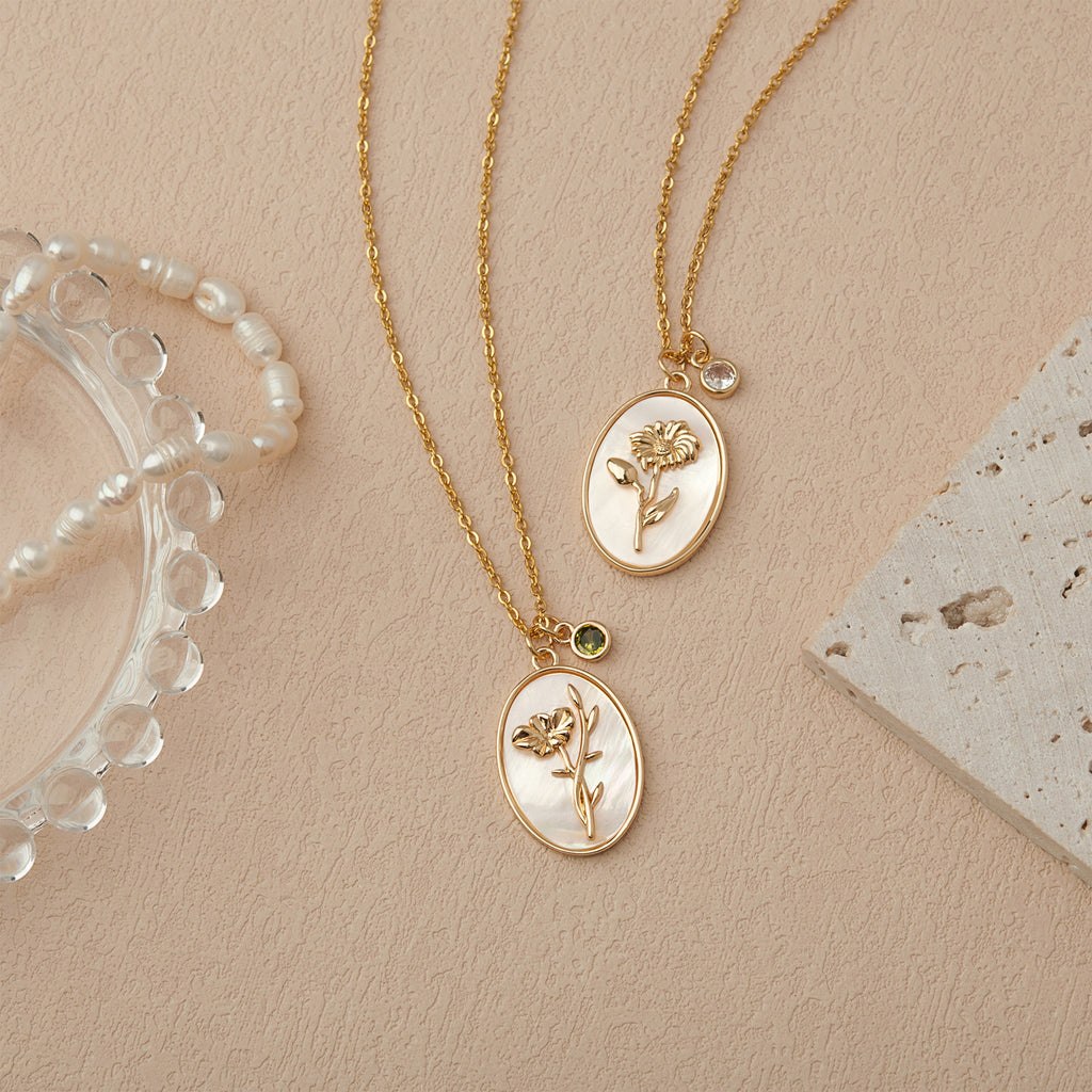 Mother of Pearl Birth Flower Necklace with Birthstone Charm