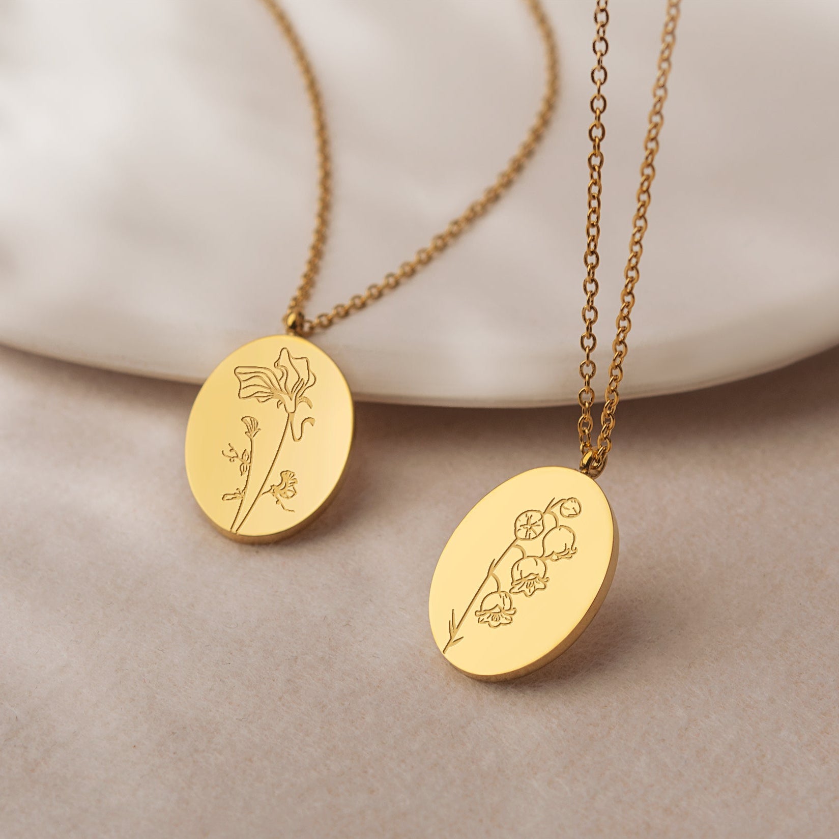 18K Gold Plated Oval Birth Flower Necklace
