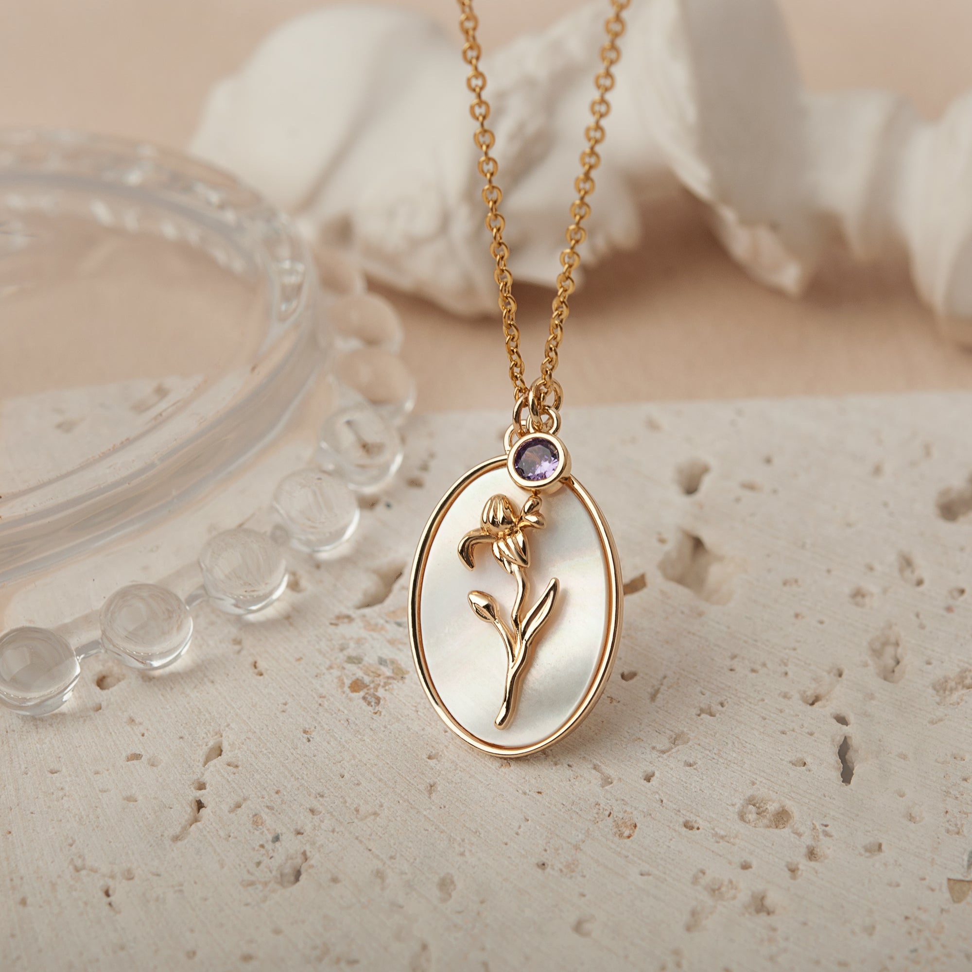 Mother of Pearl Birth Flower Necklace with Birthstone Charm