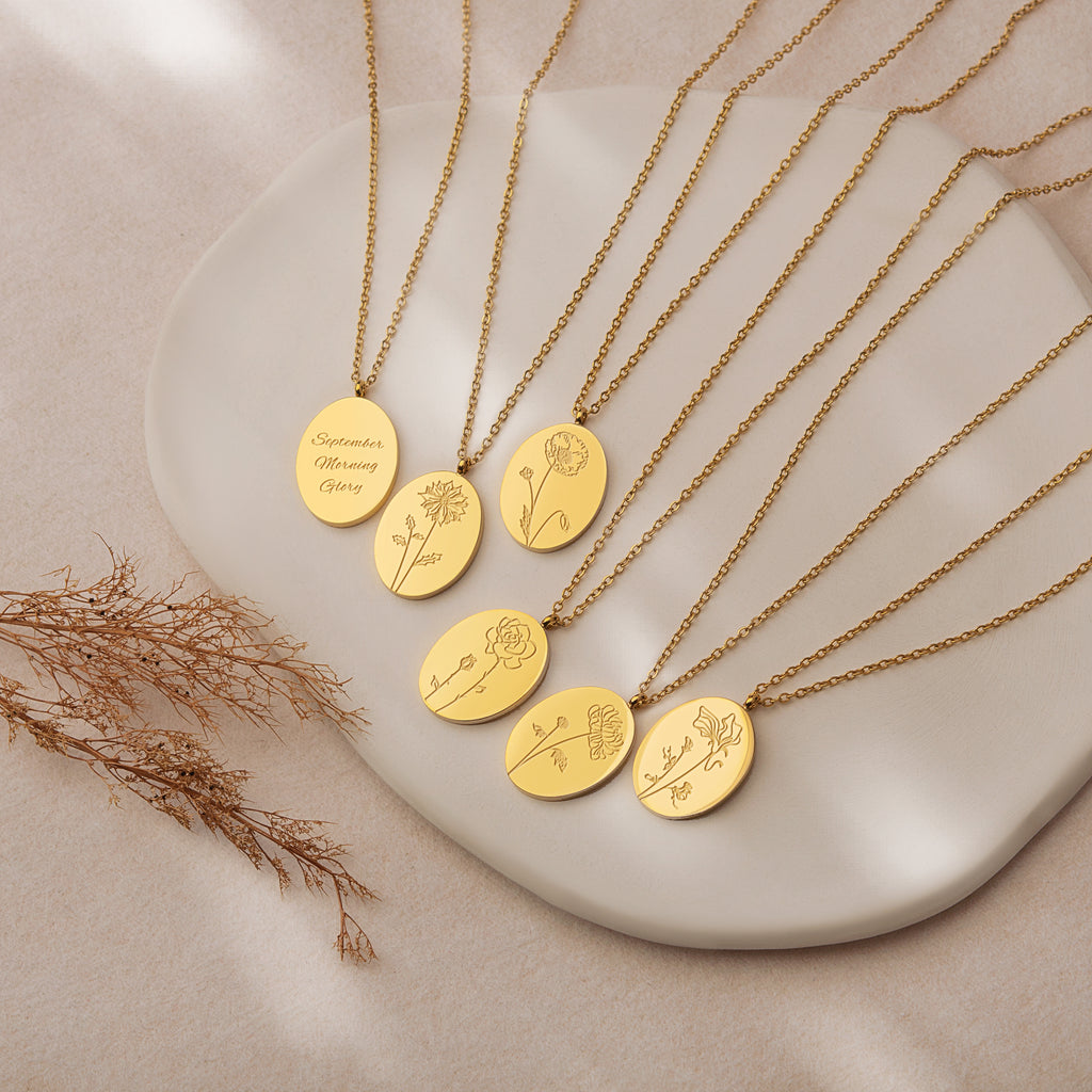18K Gold Plated Oval Birth Flower Necklace