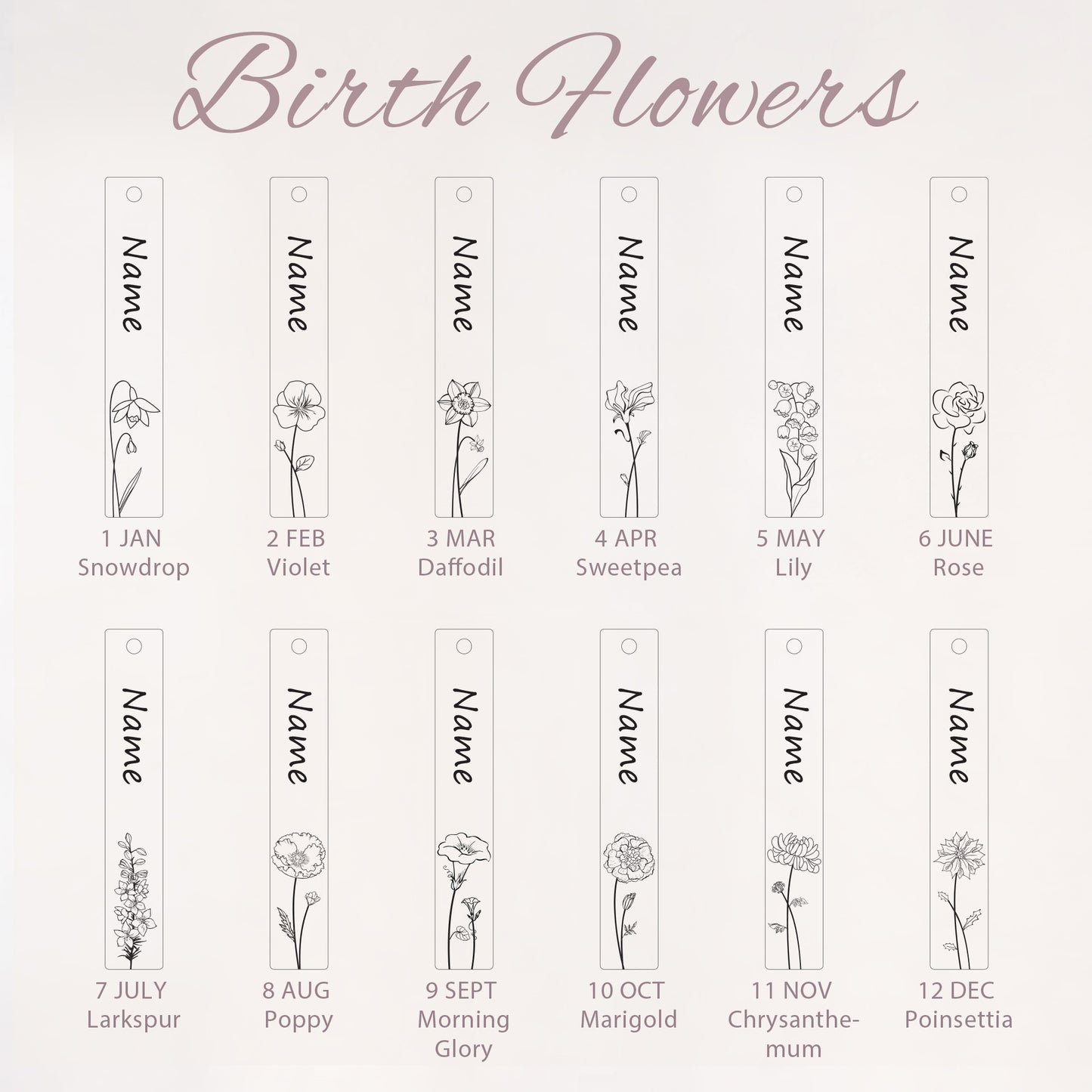 Custom Birth Flower and Name Long Bar Key Chain