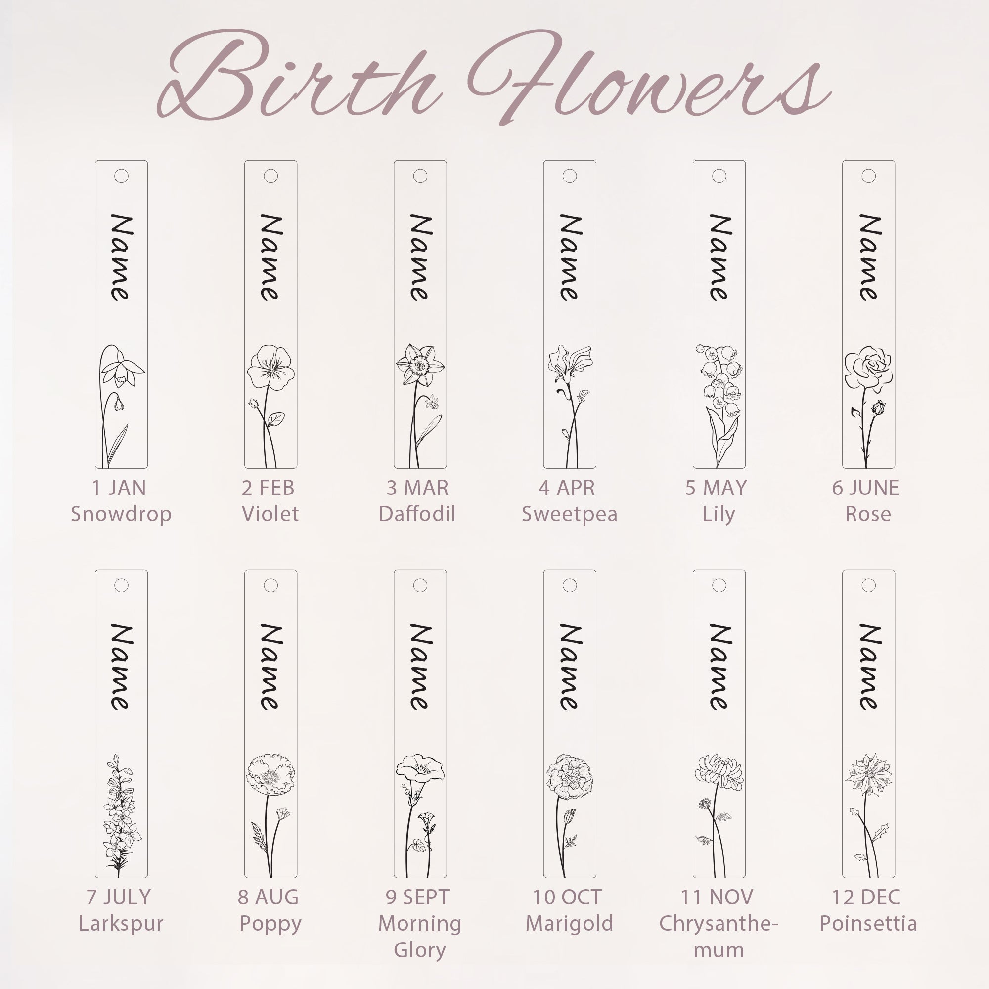 Custom Birth Flower and Name Long Bar Key Chain