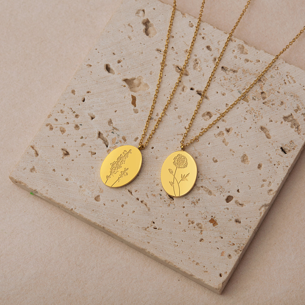 18K Gold Plated Oval Birth Flower Necklace