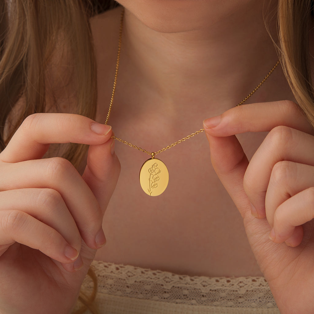18K Gold Plated Oval Birth Flower Necklace