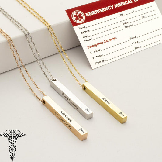 Medical ID Alert Bar Necklace with Medical Card