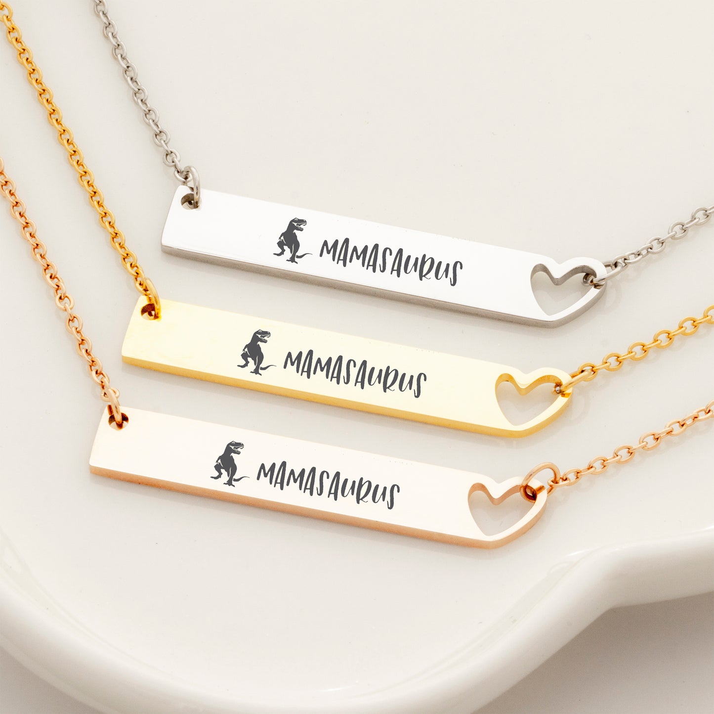 Personalized Mamasaurus Bar with Heart Necklace, Birthday Gift Necklace for Mom, Engraving Dinosaur Mama Necklace